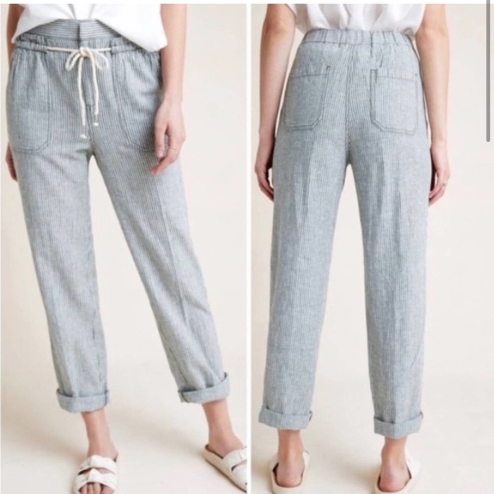 Anthropologie Seashore Green Linen Striped Pants